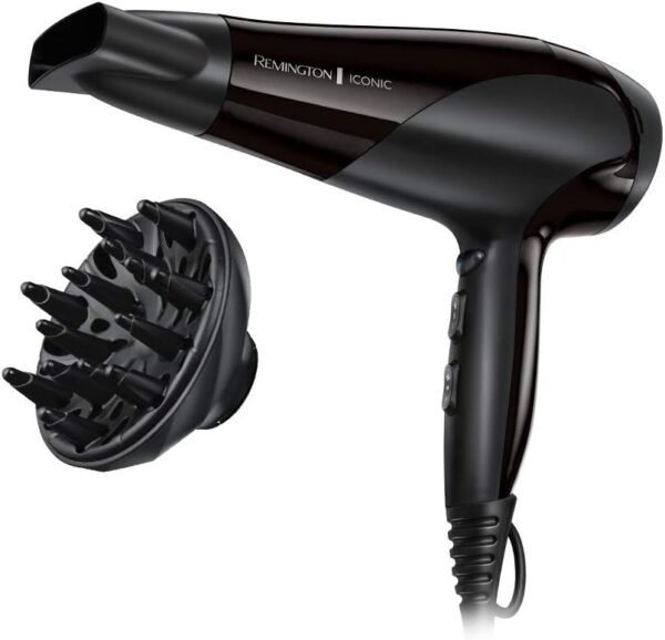 remington d3198 ionic hair dryer, 2200 w, ion care ceramic ring: gentle styling & even heat distribution, 3 heat settings & 2 separate blower settings + cool setting, 2 attachments