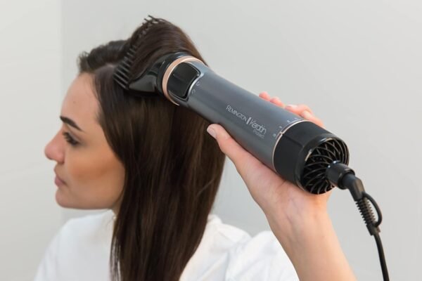 remington hot air brush rotating [automatic] keratin protect (includes 3 attachments: 2 round brushes + hairline booster for more volume) + hair clips, ceramic coating with almond oil, as8811, grey