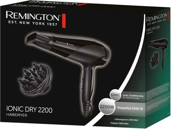 remington d3198 ionic hair dryer, 2200 w, ion care ceramic ring: gentle styling & even heat distribution, 3 heat settings & 2 separate blower settings + cool setting, 2 attachments