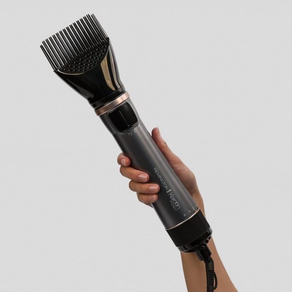 remington hot air brush rotating [automatic] keratin protect (includes 3 attachments: 2 round brushes + hairline booster for more volume) + hair clips, ceramic coating with almond oil, as8811, grey
