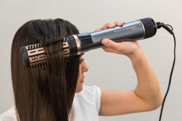 remington hot air brush rotating [automatic] keratin protect (includes 3 attachments: 2 round brushes + hairline booster for more volume) + hair clips, ceramic coating with almond oil, as8811, grey