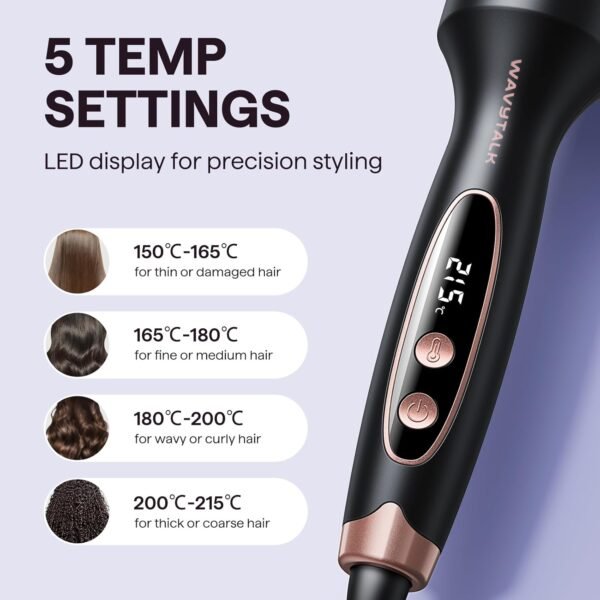 wavytalk thermal brush, thermal brush blowout boost ionic curling brush, makes hair smooth and shiny, 5 temperature levels, gentle on hair, 38 mm barrel, double tension, euro plug, rose gold