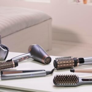 remington hot air brush rotating [automatic] keratin protect (includes 3 attachments: 2 round brushes + hairline booster for more volume) + hair clips, ceramic coating with almond oil, as8811, grey